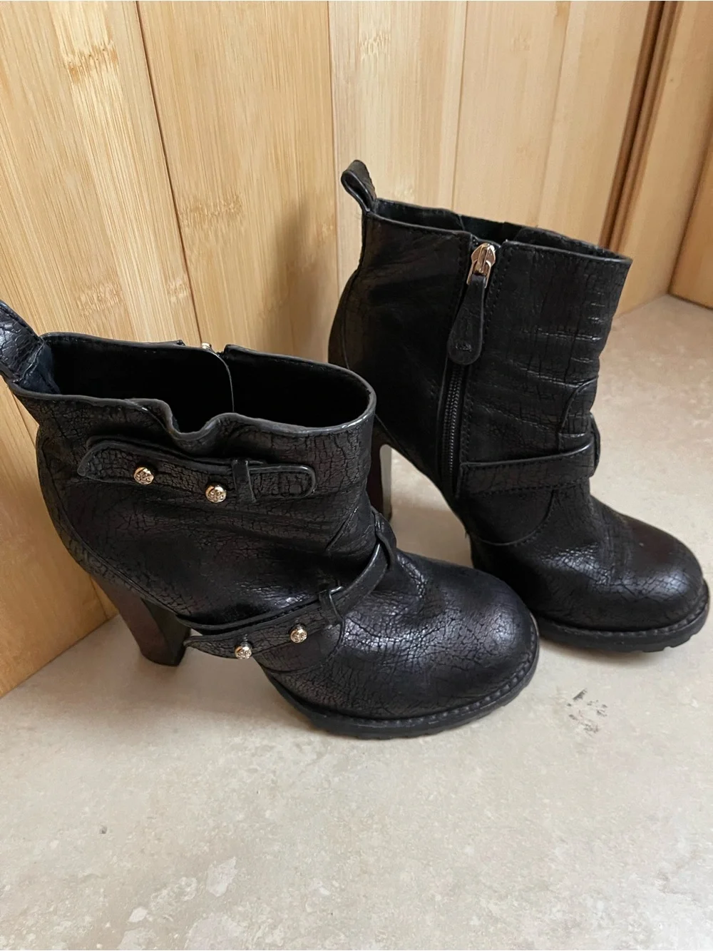 Tory Burch Black Textured Leather Stud-Accent Ankle Booties
